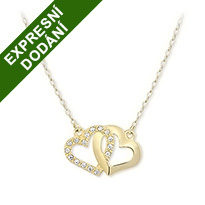 Zlatý dámský náhrdelník se dvěma srdci a šestnácti kamínky